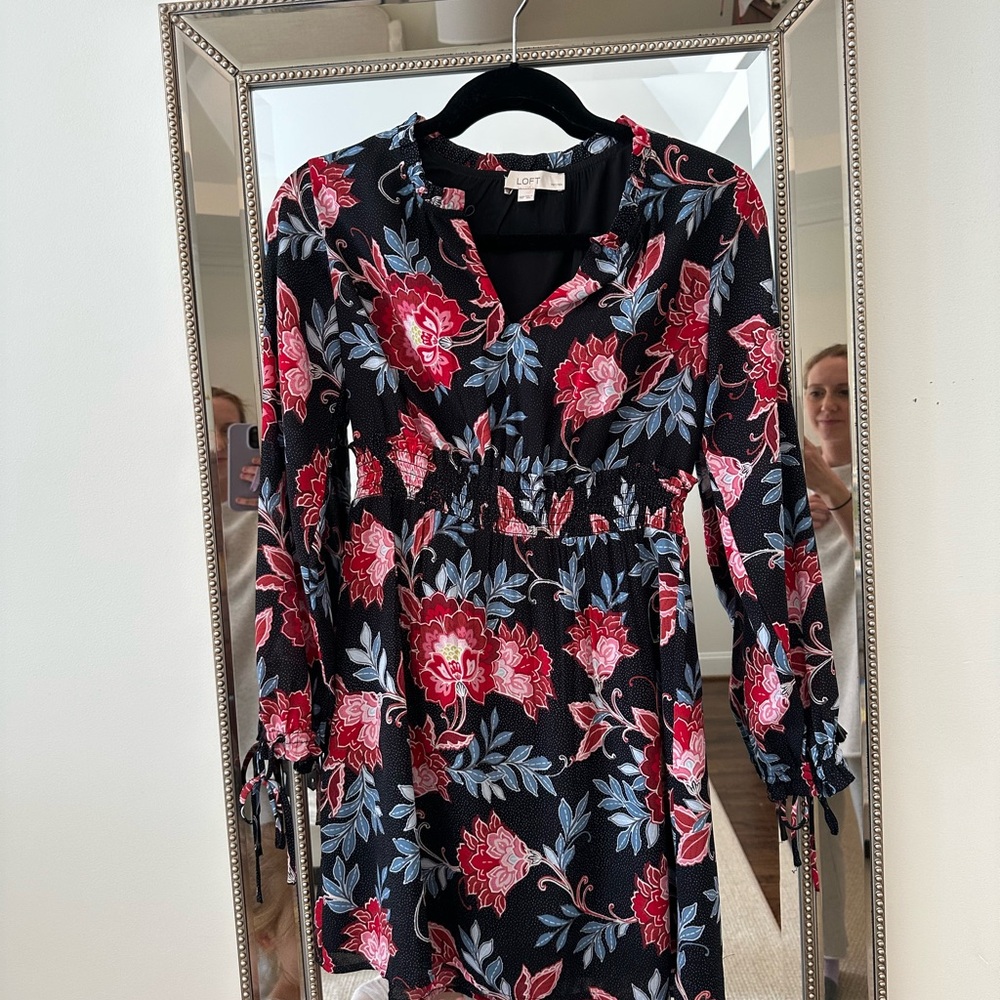 LOFT Black and Red Floral Long Sleeve Dress